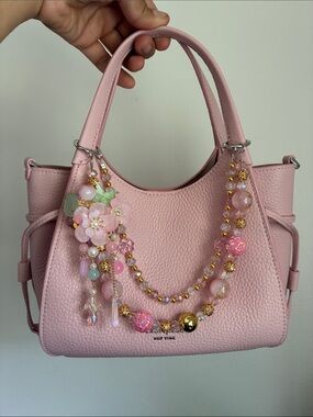 Pink Floral Crystal Charm Keychain Beaded Bag Chain